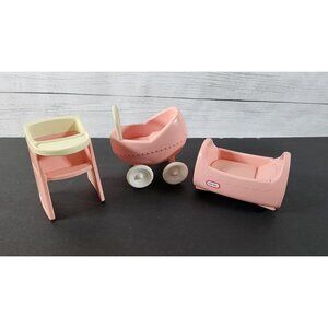 VINTAGE LITTLE TIKES DOLLHOUSE BABY ACCESSORIES PINK CRADLE STROLLER HIGH CHAIR